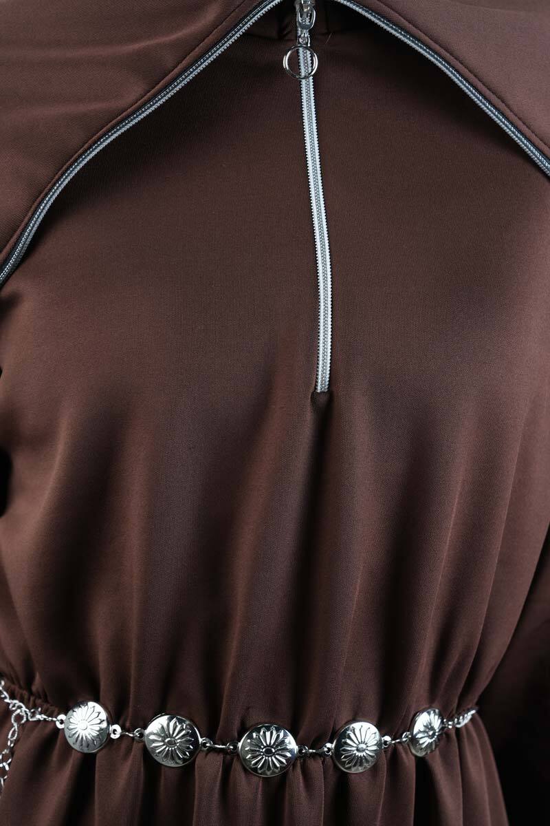 Tesettür Elbise Geniş Fermuar Yakalı Bel Lastikli Scuba Elbise Kahverengi - 5