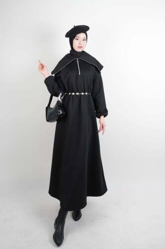 Tesettür Elbise Geniş Fermuar Yakalı Bel Lastikli Scuba Elbise Siyah - 03Kız Kulesi Teks