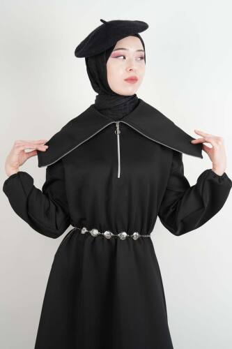 Tesettür Elbise Geniş Fermuar Yakalı Bel Lastikli Scuba Elbise Siyah - 4