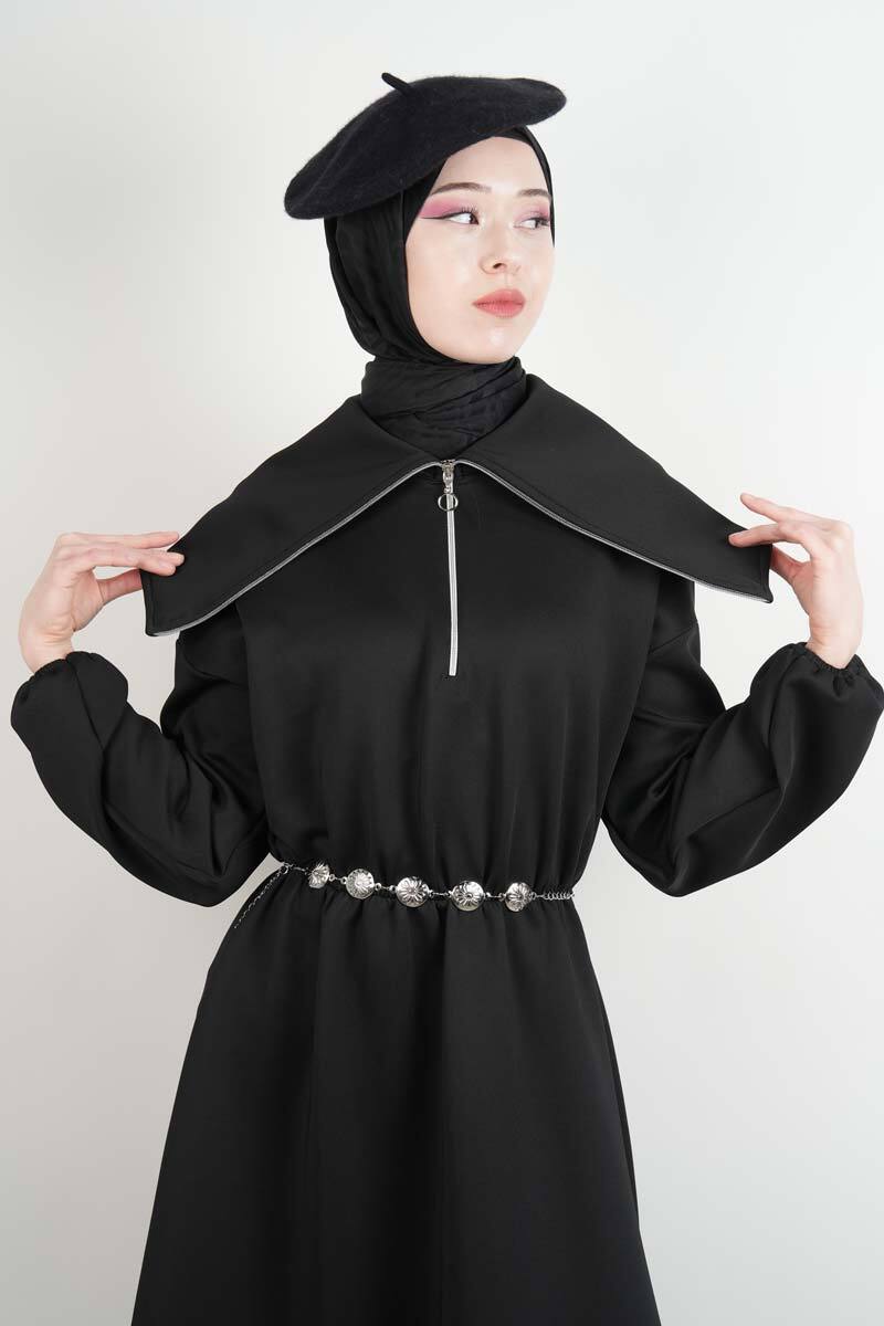 Tesettür Elbise Geniş Fermuar Yakalı Bel Lastikli Scuba Elbise Siyah - 4