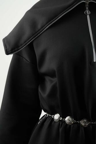 Tesettür Elbise Geniş Fermuar Yakalı Bel Lastikli Scuba Elbise Siyah - 5