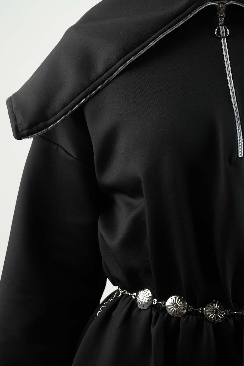 Tesettür Elbise Geniş Fermuar Yakalı Bel Lastikli Scuba Elbise Siyah - 5