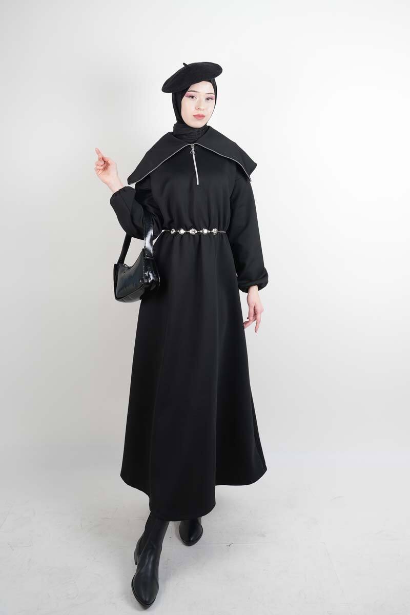 Tesettür Elbise Geniş Fermuar Yakalı Bel Lastikli Scuba Elbise Siyah - 1