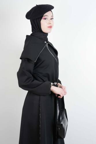 Tesettür Elbise Geniş Fermuar Yakalı Bel Lastikli Scuba Elbise Siyah - 03Kız Kulesi Teks (1)