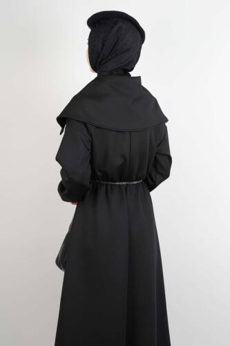 Tesettür Elbise Geniş Fermuar Yakalı Bel Lastikli Scuba Elbise Siyah - 3