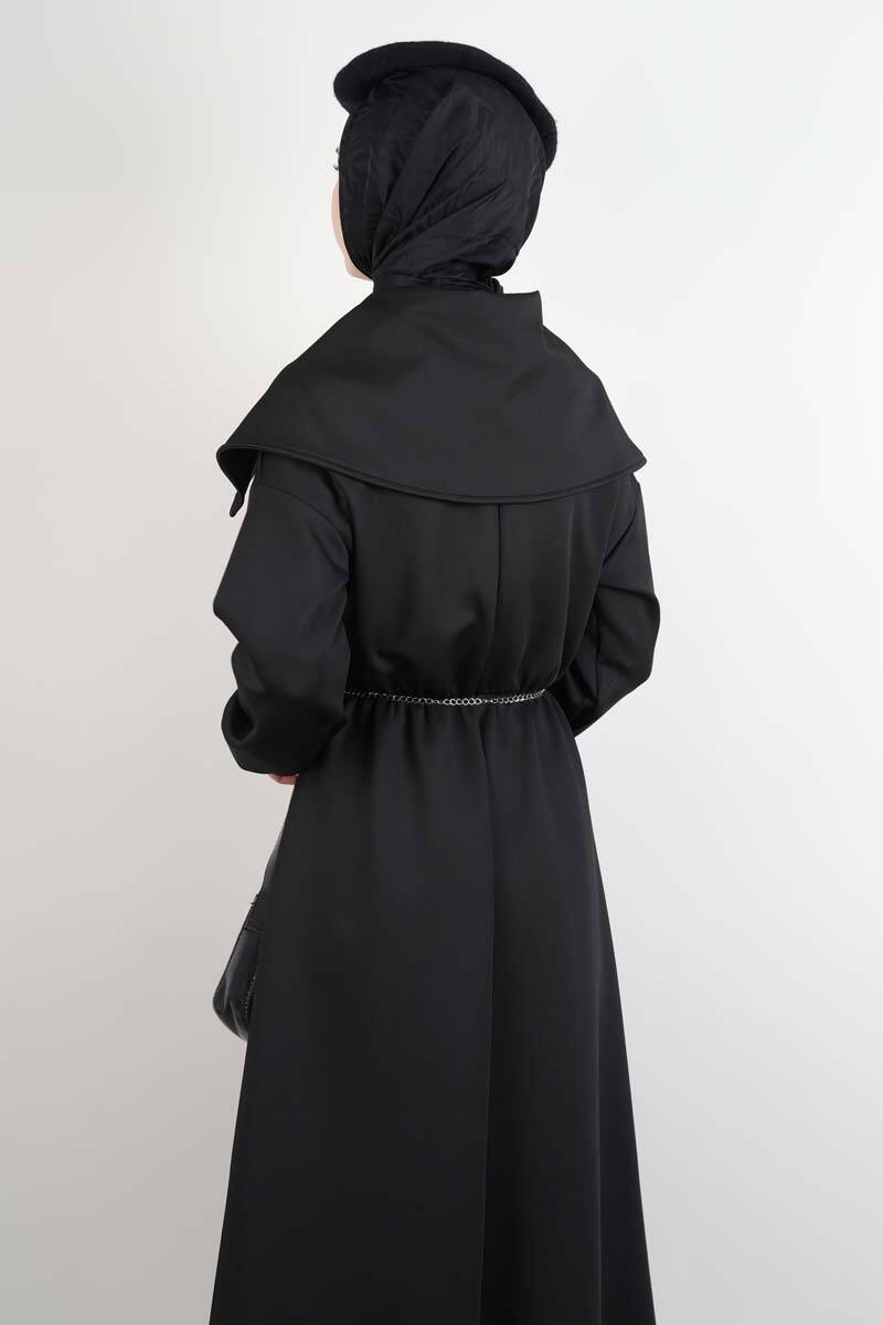 Tesettür Elbise Geniş Fermuar Yakalı Bel Lastikli Scuba Elbise Siyah - 3