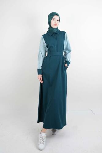 Tesettür Elbise Kol Gömlekli Double Krep Cepli Elbise Yeşil - 1