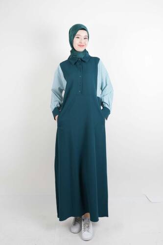 Tesettür Elbise Kol Gömlekli Double Krep Cepli Elbise Yeşil - 2