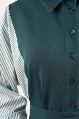 Tesettür Elbise Kol Gömlekli Double Krep Cepli Elbise Yeşil - 5