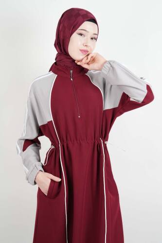 Tesettür Elbise Kol Ön Biye Deteylı Double Krep Elbise Bordo - 2
