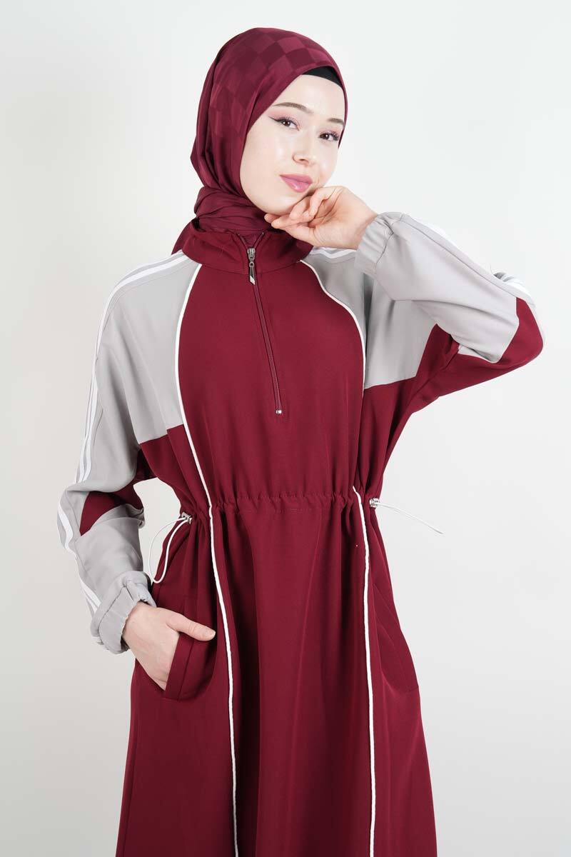 Tesettür Elbise Kol Ön Biye Deteylı Double Krep Elbise Bordo - 2