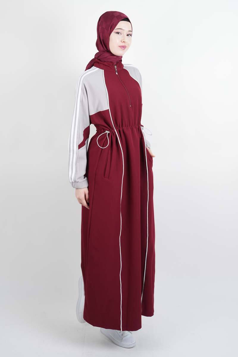 Tesettür Elbise Kol Ön Biye Deteylı Double Krep Elbise Bordo - 3