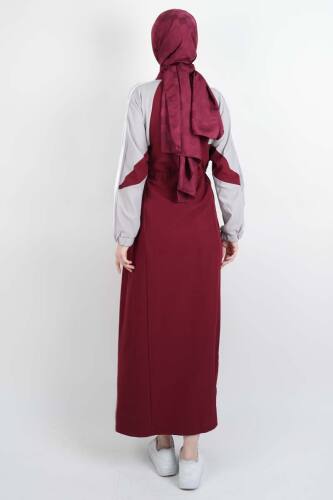 Tesettür Elbise Kol Ön Biye Deteylı Double Krep Elbise Bordo - 4