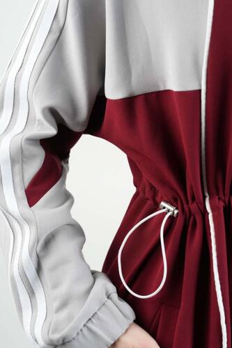 Tesettür Elbise Kol Ön Biye Deteylı Double Krep Elbise Bordo - 5