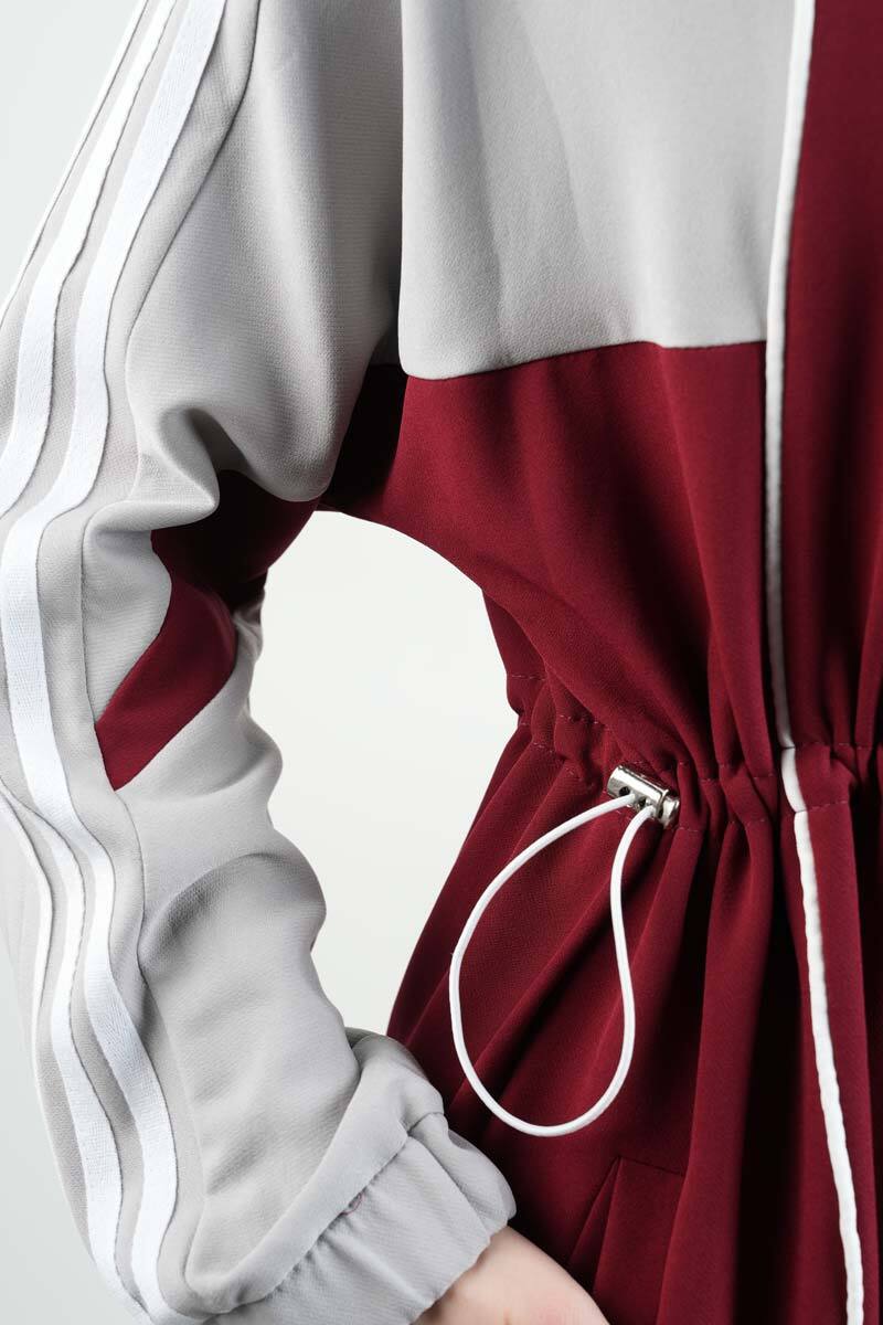 Tesettür Elbise Kol Ön Biye Deteylı Double Krep Elbise Bordo - 5