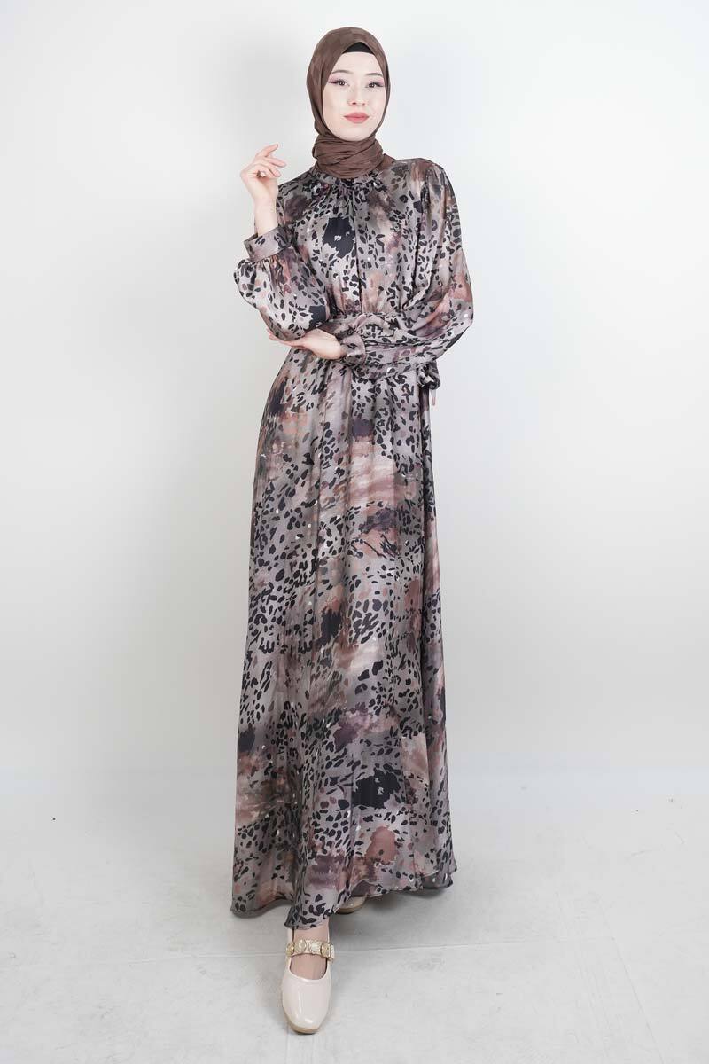 Tesettür Elbise Leopar Desenli Prenses Kol Saten Elbise Siyah - 1