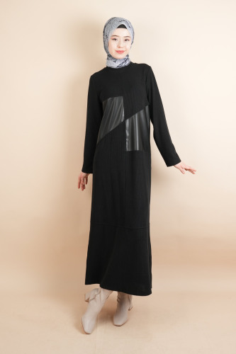 Tesettür Elbise Ön Deri Kare Parçalı Fitilli Elbise Siyah - 03Kız Kulesi Teks