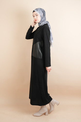 Tesettür Elbise Ön Deri Kare Parçalı Fitilli Elbise Siyah - 03Kız Kulesi Teks (1)