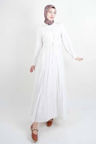 Tesettür Elbise Yarım Düğmeli Kol Fırfırlı Prenses Elbise Beyaz - 03Kız Kulesi Teks