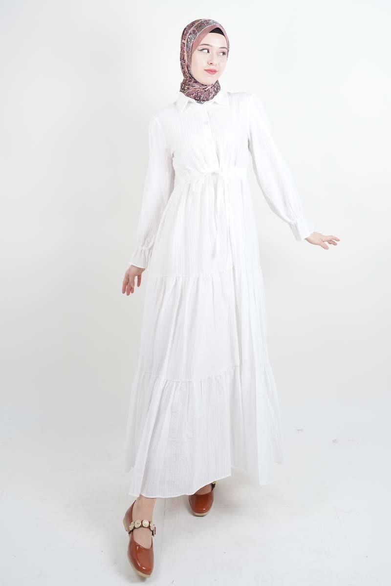 Tesettür Elbise Yarım Düğmeli Kol Fırfırlı Prenses Elbise Beyaz - 1