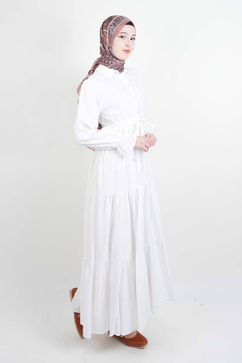 Tesettür Elbise Yarım Düğmeli Kol Fırfırlı Prenses Elbise Beyaz - 2