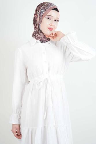 Tesettür Elbise Yarım Düğmeli Kol Fırfırlı Prenses Elbise Beyaz - 4