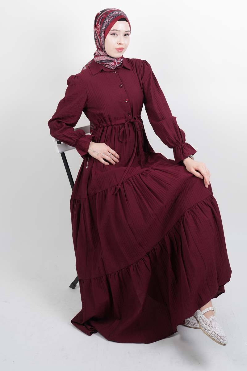 Tesettür Elbise Yarım Düğmeli Kol Fırfırlı Prenses Elbise Bordo - 1
