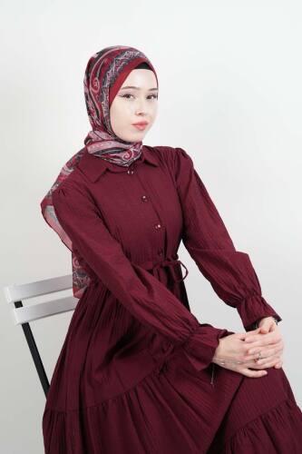Tesettür Elbise Yarım Düğmeli Kol Fırfırlı Prenses Elbise Bordo - 03Kız Kulesi Teks (1)