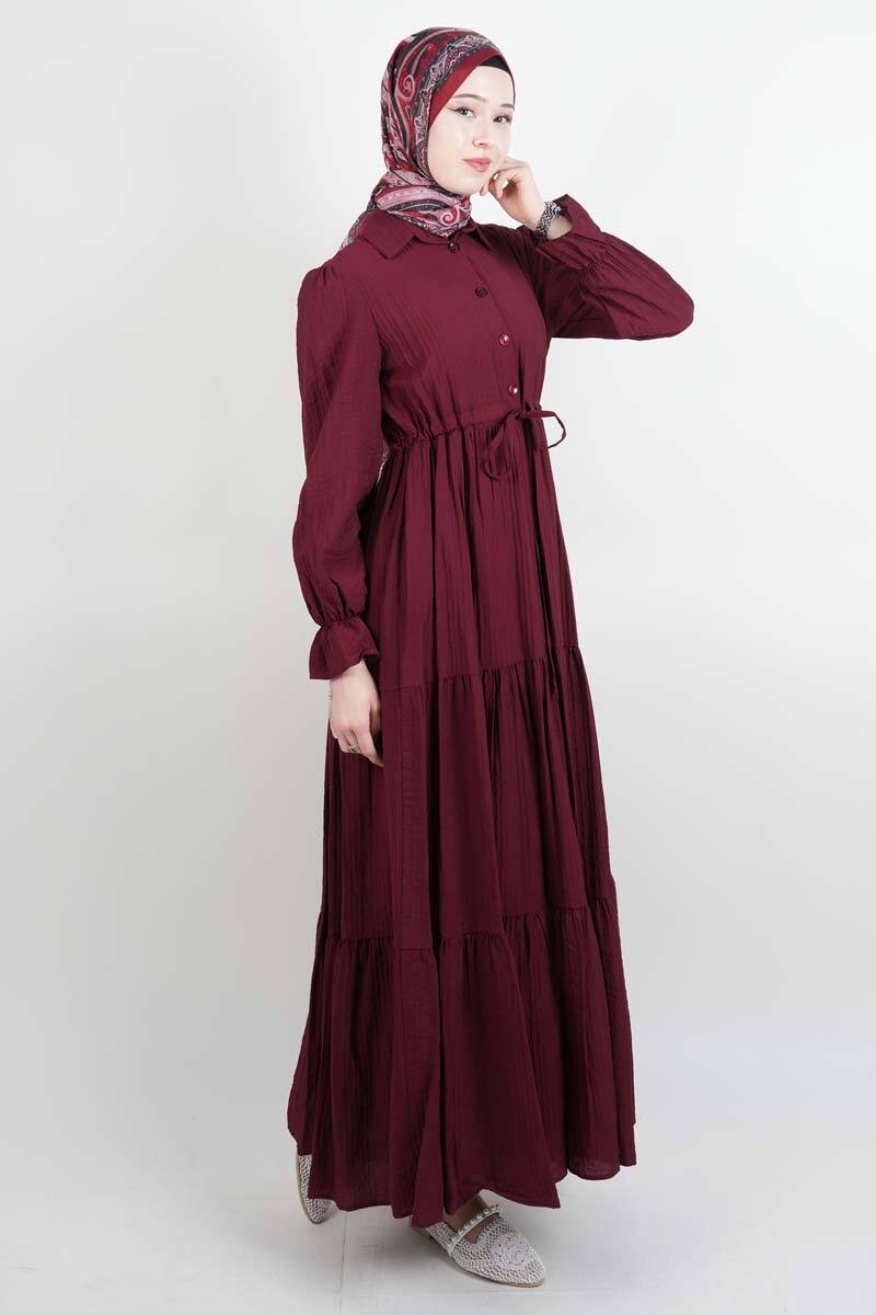 Tesettür Elbise Yarım Düğmeli Kol Fırfırlı Prenses Elbise Bordo - 3