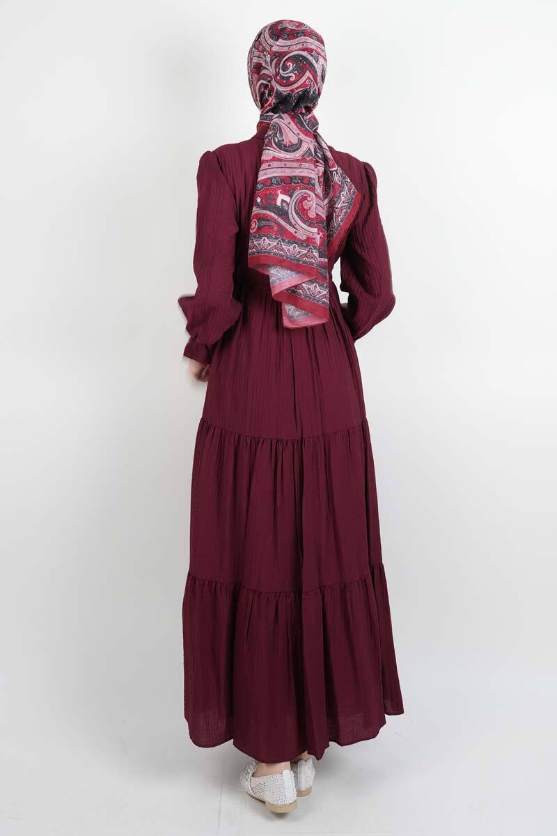 Tesettür Elbise Yarım Düğmeli Kol Fırfırlı Prenses Elbise Bordo - 4