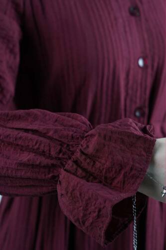 Tesettür Elbise Yarım Düğmeli Kol Fırfırlı Prenses Elbise Bordo - 5