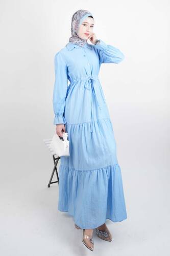 Tesettür Elbise Yarım Düğmeli Kol Fırfırlı Prenses Elbise Mavi - 03Kız Kulesi Teks