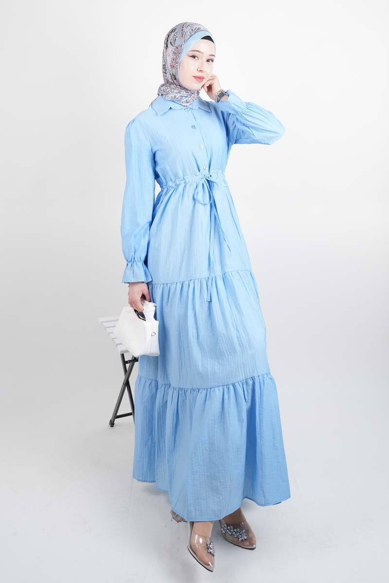 Tesettür Elbise Yarım Düğmeli Kol Fırfırlı Prenses Elbise Mavi - 1