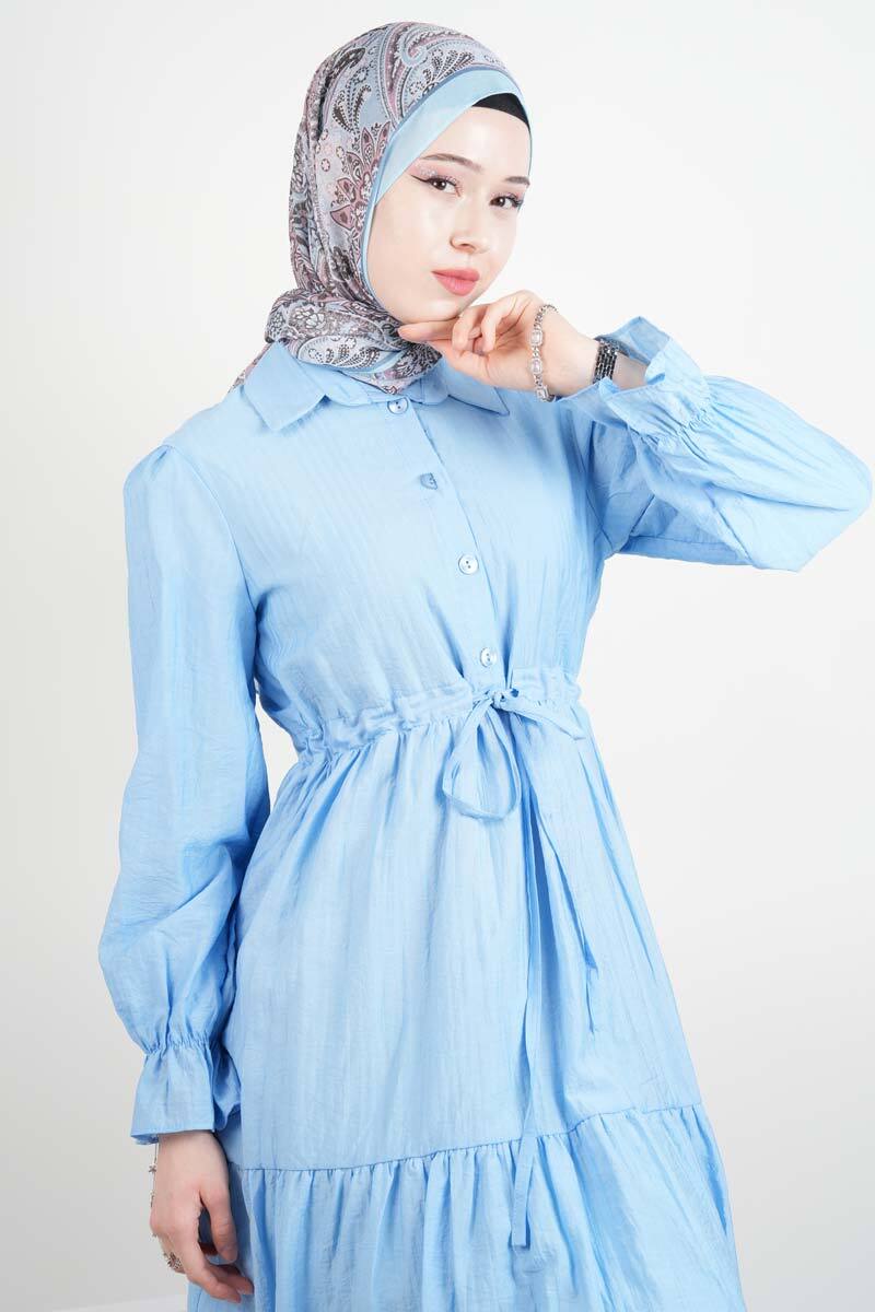 Tesettür Elbise Yarım Düğmeli Kol Fırfırlı Prenses Elbise Mavi - 2