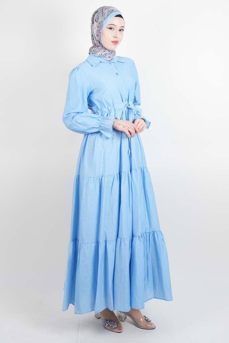 Tesettür Elbise Yarım Düğmeli Kol Fırfırlı Prenses Elbise Mavi - 3