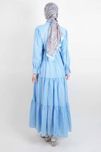 Tesettür Elbise Yarım Düğmeli Kol Fırfırlı Prenses Elbise Mavi - 4