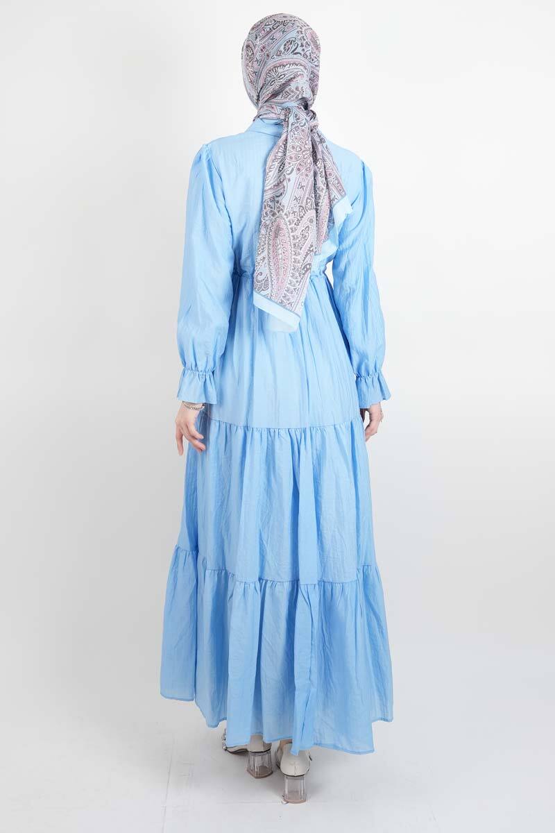 Tesettür Elbise Yarım Düğmeli Kol Fırfırlı Prenses Elbise Mavi - 4