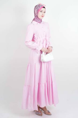 Tesettür Elbise Yarım Düğmeli Kol Fırfırlı Prenses Elbise Pembe - 2