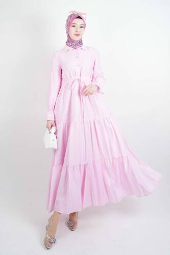 Tesettür Elbise Yarım Düğmeli Kol Fırfırlı Prenses Elbise Pembe - 03Kız Kulesi Teks