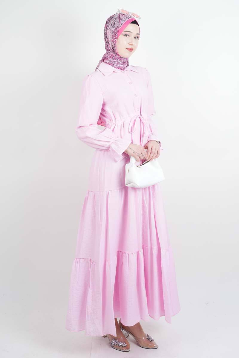 Tesettür Elbise Yarım Düğmeli Kol Fırfırlı Prenses Elbise Pembe - 2