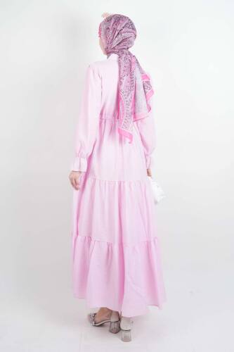 Tesettür Elbise Yarım Düğmeli Kol Fırfırlı Prenses Elbise Pembe - 3