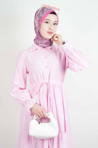 Tesettür Elbise Yarım Düğmeli Kol Fırfırlı Prenses Elbise Pembe - 4