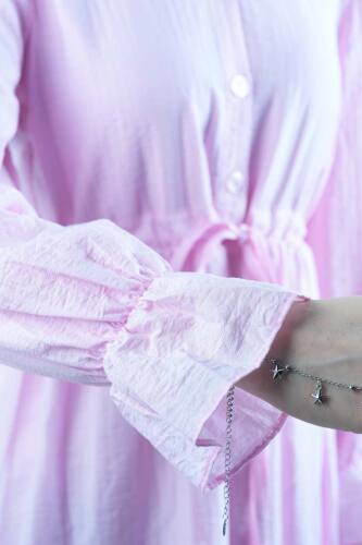 Tesettür Elbise Yarım Düğmeli Kol Fırfırlı Prenses Elbise Pembe - 5
