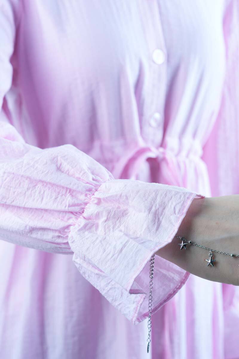 Tesettür Elbise Yarım Düğmeli Kol Fırfırlı Prenses Elbise Pembe - 5