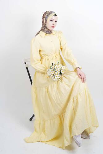 Tesettür Elbise Yarım Düğmeli Kol Fırfırlı Prenses Elbise Sarı - 03Kız Kulesi Teks