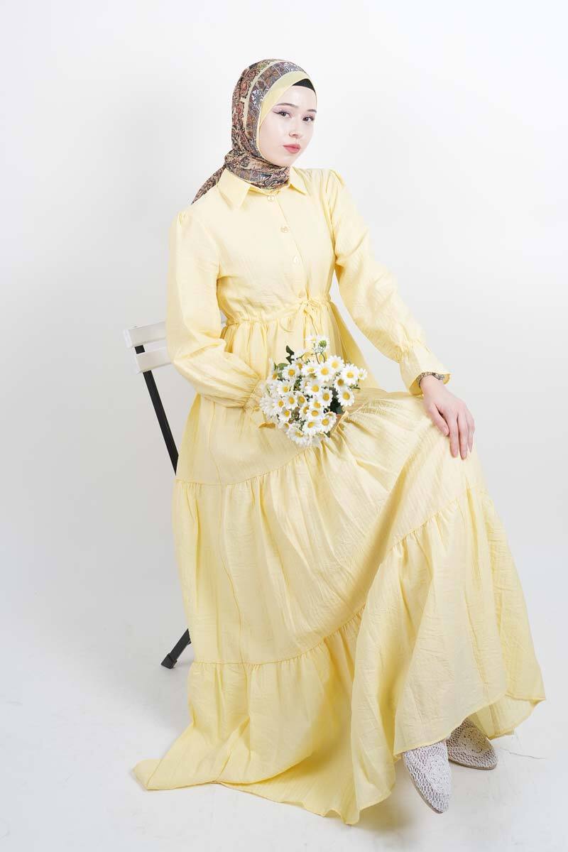 Tesettür Elbise Yarım Düğmeli Kol Fırfırlı Prenses Elbise Sarı - 1