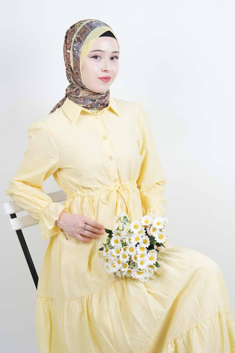 Tesettür Elbise Yarım Düğmeli Kol Fırfırlı Prenses Elbise Sarı - 2