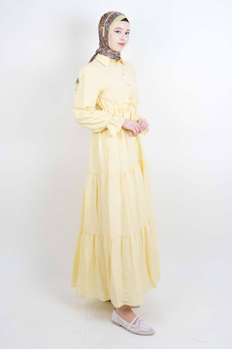 Tesettür Elbise Yarım Düğmeli Kol Fırfırlı Prenses Elbise Sarı - 3