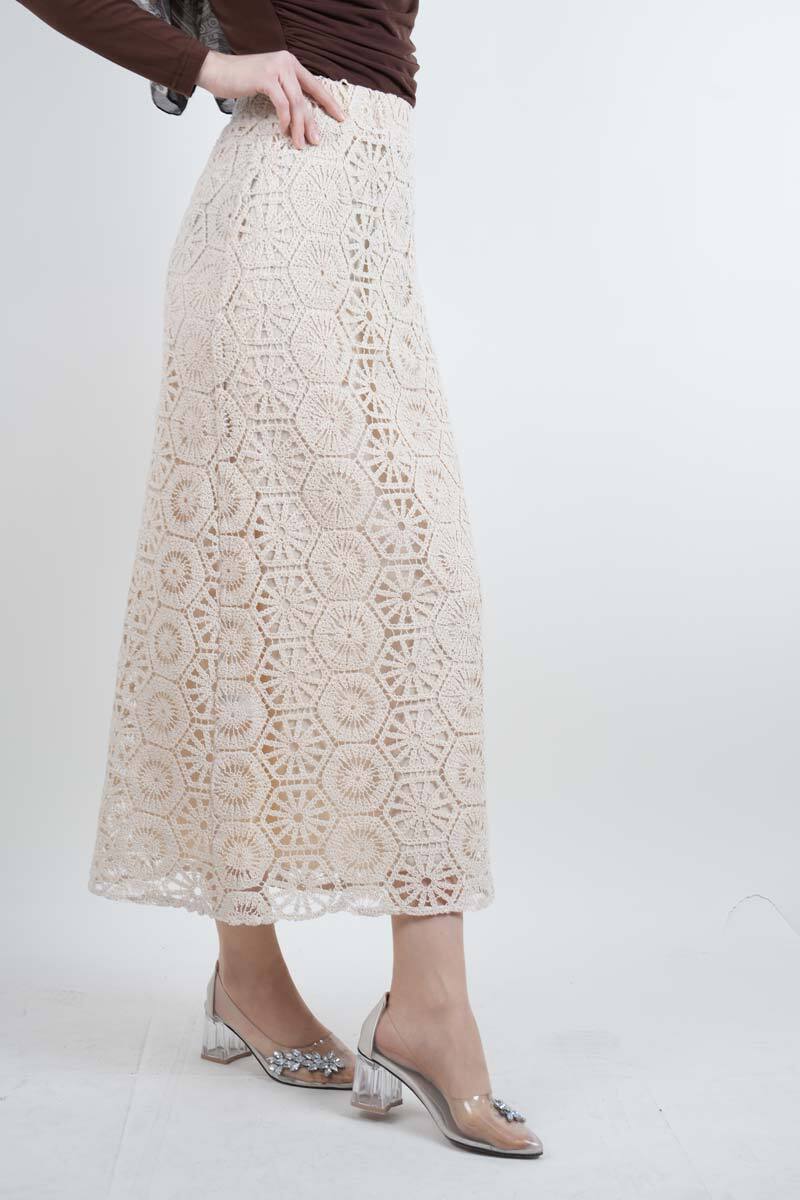 Tesettür Etek Full Dantelli Kalem Etek Krem - 1