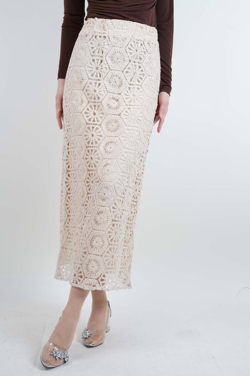 Tesettür Etek Full Dantelli Kalem Etek Krem - 2